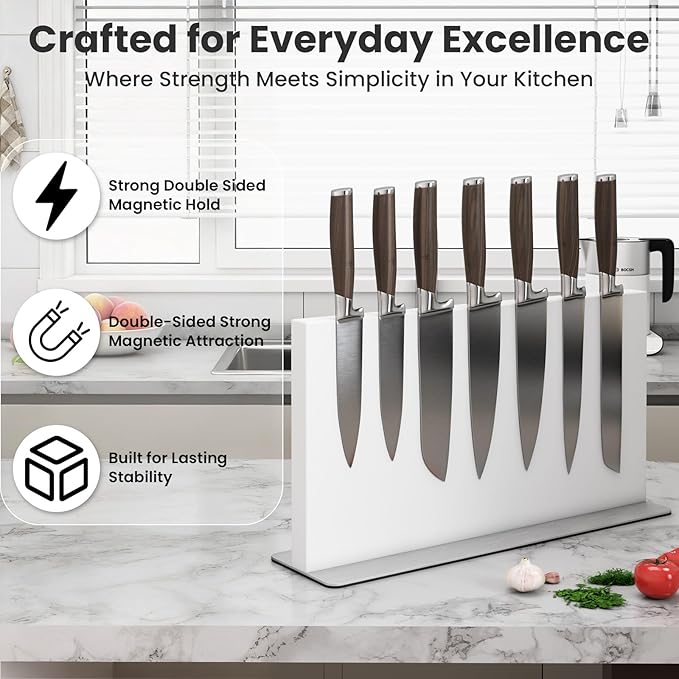 THMINS Large White Magnetic Knife Block Stainless Steel Double-Sided Magnetic Knife Holder, Universal Multi-function Display Rack for Kitchen Counter