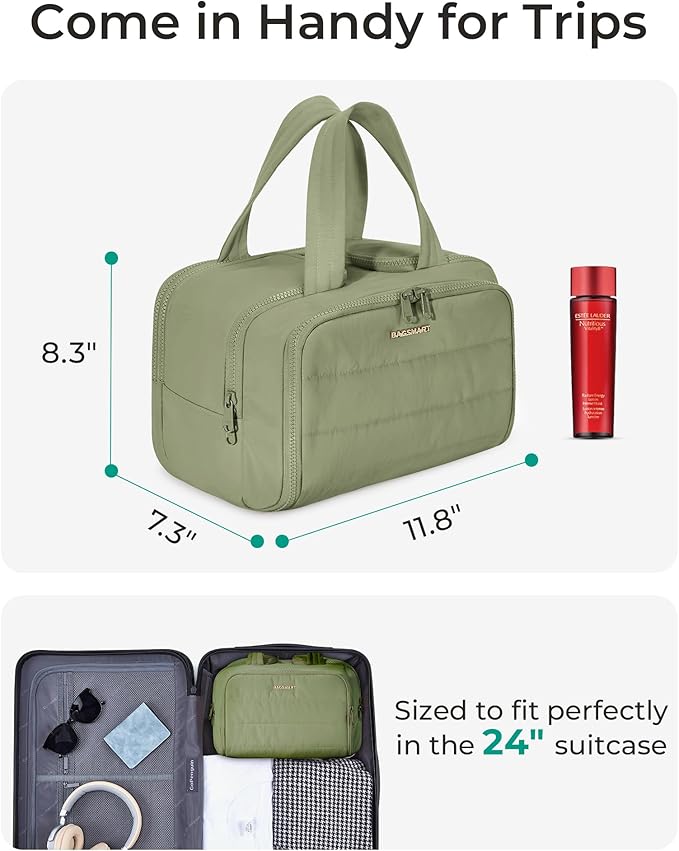 BAGSMART Travel Toiletry Bag, Lightweight Large Wide-open Travel Bag for Women, Puffy Cosmetic Makeup Bag Organizer with Handle for Accessories,Essentials, Toiletries, Green