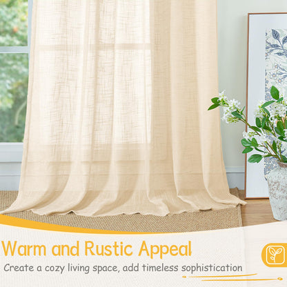 Cream Beige Linen Semi Sheer Curtains 42 X 63 Inch Length 2 Panels Set (2 Count)