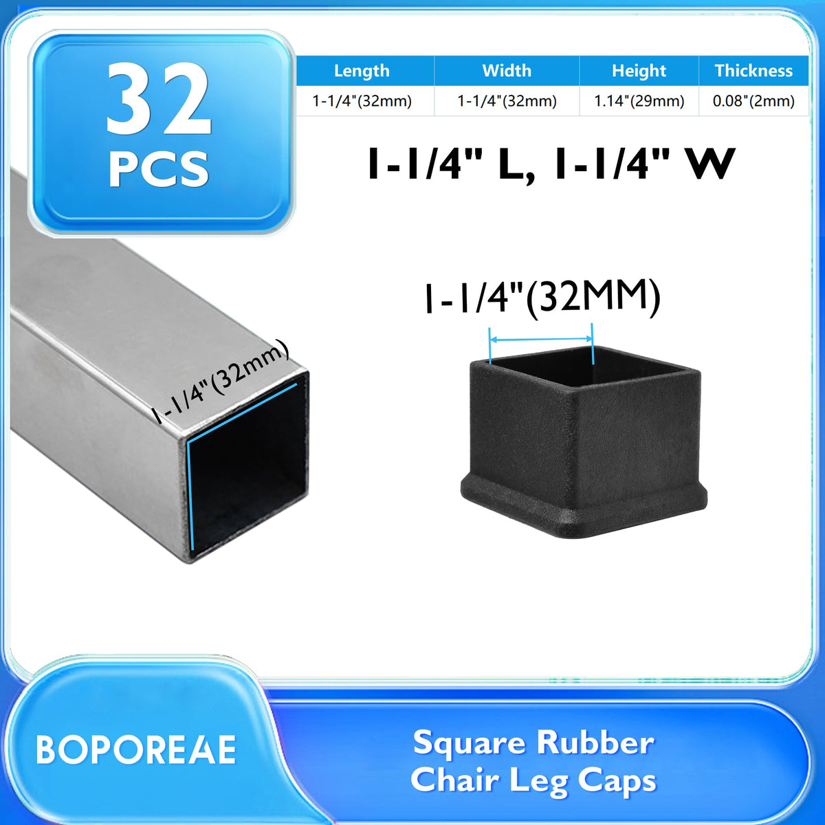 32 Pcs 1-1/4" x 1-1/4" Black Square Rubber Chair Leg Caps (32 Count)