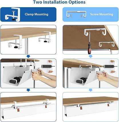 Zilink Large Cable Management Under Desk 40" No Drill Desk Cable Management Clamp/Screw Mount Fabric Cable Tray Sturdy Waterproof Cable Organizer for Office, Home, White