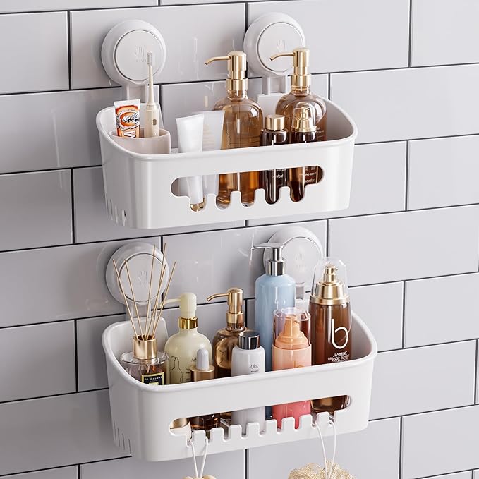 TAILI Shower Caddy Suction Cup 2 Pack, Heavy Duty Bathroom Organizer, Removable Shelves for Inside Shower, Shampoo, Waterproof Suction Plastic Storage for Bathroom Accessories Holder, White