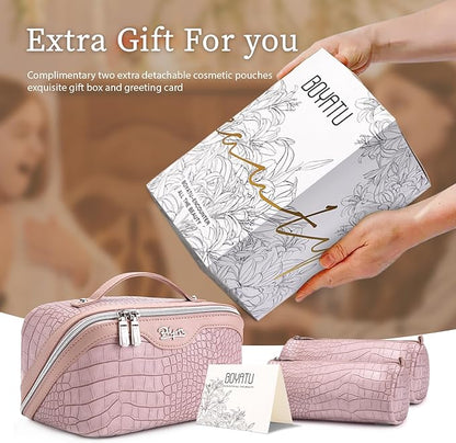 BOYATU Travel Makeup Bag Cosmetic Bags for Women: 3 Pcs Set Large Capacity Make up Bag with Handle - Crocodile Pattern Vegan Leather Toiletry Bags Travel Essentials with Compartments((E-4-Pink)