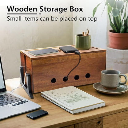 Large Cable Management Box, Wood Cord Hider Box & Organizer for Power Strip Hider Cable Storage for Office, TV Wires, Desk Cord Organizer, 14.1" x 6" x 6.3", Vintage Walnut