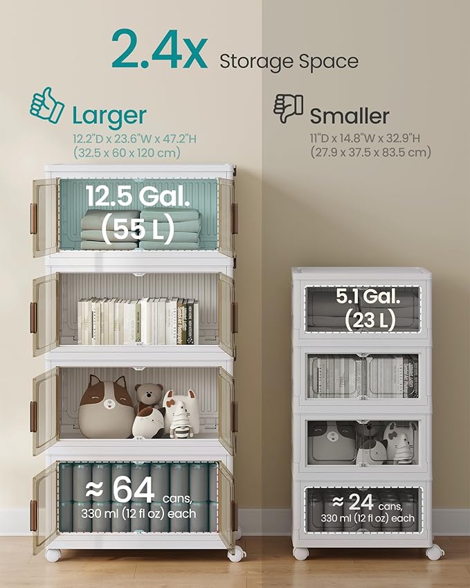 SONGMICS 58QT Plastic Storage Bins with 1 Lid, 4-Tier Stackable Bins with Doors and Wheels, Foldable Storage Boxes, for Closets, Bedroom, Living Room, Office, White URLB460WZ01