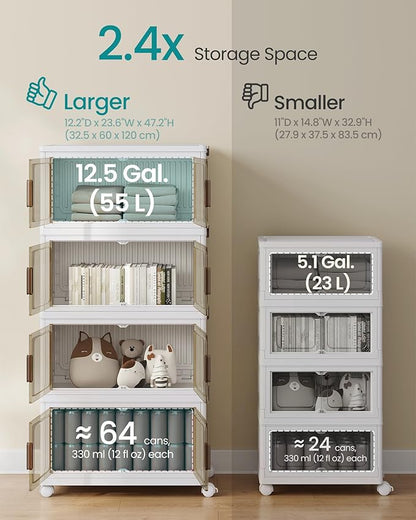 SONGMICS 58QT Plastic Storage Bins with 1 Lid, 4-Tier Stackable Bins with Doors and Wheels, Foldable Storage Boxes, for Closets, Bedroom, Living Room, Office, White URLB460WZ01