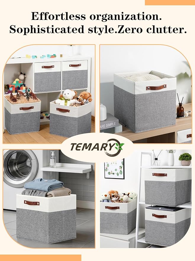 Temary 13 Inch Cube Storage Bins 4 Pack, Perfect Fit for Standard Cube Organizers, Sturdy Collapsible Storage Organizer Bins with PU Leather Handles for Closet, Nursery, and Office-White&Grey