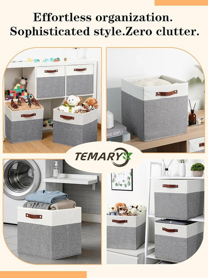 Temary 13 Inch Cube Storage Bins 4 Pack, Perfect Fit for Standard Cube Organizers, Sturdy Collapsible Storage Organizer Bins with PU Leather Handles for Closet, Nursery, and Office-White&Grey