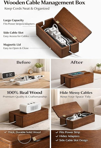 Real Wood Cable Management Box - Minimalist Home Office Decor - Walnut Finish Cord Organizer to Hide Wires & Power Strips - Spring Cleaning Essential for Desk & TV Stand - Safe for Pets & Kids
