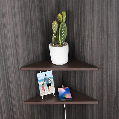 evron Corner Mounting Shelf Set of 2 – Easy to Install Floating Wall Shelves with Wood Grain Finish, Durable and Waterproof ABS Plastic for Kitchen, Bathroom, Living Room Home Décor