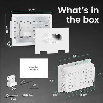 ynVISION.DESIGN 9" Recessed in-Wall Media Box for TV – Flush Wall AV Enclosure with Adjustable Shelf, Cable Straps & Vented Cover – Compatible with Apple TV, Roku & More - Pack of 2