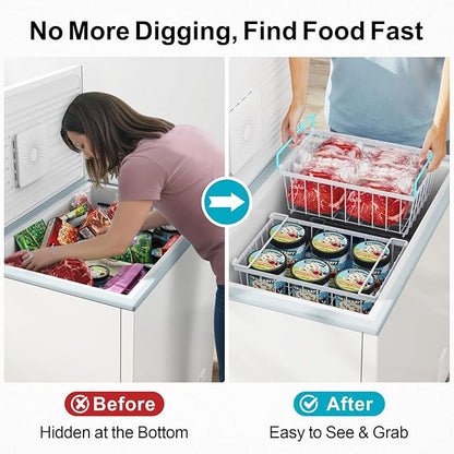 iSPECLE Freezer Organizer Bins - 4 Pack Stackable Chest Freezer Organizer for 5 Cu Ft Deep Freezer Sort Frozen Food, Deep Freezer Organizer Bins Easy to Get Food from Bottom without Digging, White