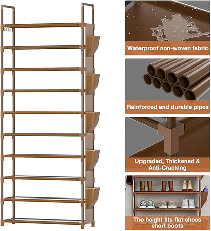LUKYTOWER Tall Shoe Rack - 10 Tier Organizer for Closet, 30-35 Pairs, Large Capacity with 5 Hooks and Side Pocket, Sturdy Shoe Shelf, Vertical Shoe Stand Tower