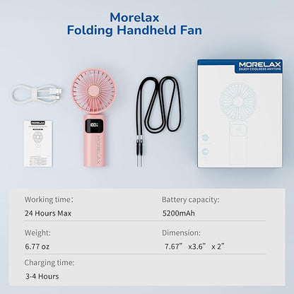 Portable Handheld Fan, USB Rechargeable Foldable Mini Personal Fan, 5200mAh, 180 Adjustable, 6 Speed Wind, 3 IN 1 Hand Cooling Desk Fan with LED Display for Home Office School Outdoor Travel, Pink