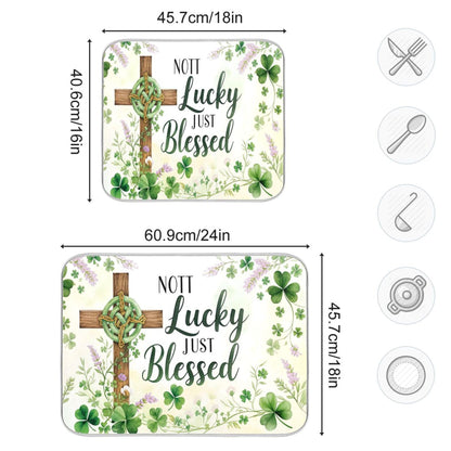 St.Patrick Days Dish Drying Mat for Kitchen Countertop 16x18 Green Shamrock Blessed Cross Small Drying Mat Reusable Quick Dry Dish Sink Mats Easy Clean Decorative Essentials