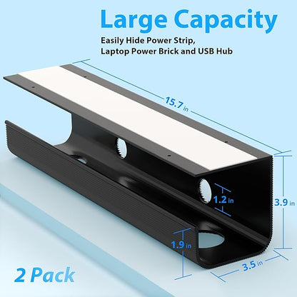 ZhiYo 2 Pack Large Capacity Cable Management Tray 31.5in (2xL15.7in), Thick PVC Under Desk Cable Tray Kit with 4 Cable Clips & 5 Ties, Standing Cord Management Desk Organizer for Office or Home, Black