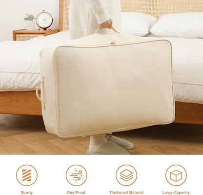 Surblue Clothing Storage Bags Clothes Organizer with Reinforced Handle Foldable Under Bed Storage Bags for Blankets Comforters Quilt Bedding Pillow,3Pcs, Beige