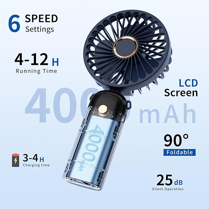 Portable Handheld Mini Fan, USB Rechargeable Fodable Personal Fans, 5 IN 1Cooling Table Fan, 4000mAh, 90 Adjustable, 6 Speed Strong Wind, Travel Fans Pocket Design for Outdoor/Activities/Office(Blue)