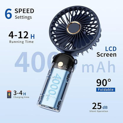 Portable Handheld Mini Fan, USB Rechargeable Fodable Personal Fans, 5 IN 1Cooling Table Fan, 4000mAh, 90 Adjustable, 6 Speed Strong Wind, Travel Fans Pocket Design for Outdoor/Activities/Office(Blue)