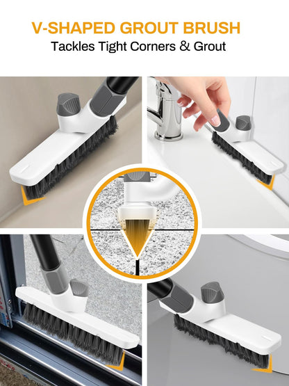 3 in 1 Floor Scrub Brush with Long Handle 55" Push Broom Stiff Bristle Scrubber Brush Squeegee Scrape & Detachable V
