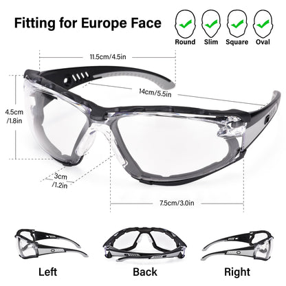 Safety Glasses Anti Fog Scratch Resistant ANSI Z87.1 CE Protective Eyewear with Foam Gasket Adjustable Strap