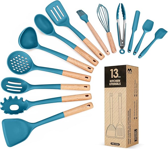 Kitchen Utensils Set, 13PCS Silicone Cooking Utensils, Heat Resistant Kitchen Utensil Spatula Set for Nonstick Cookware, Wooden Handles Kitchen Gadgets Tools Set (BLUE)