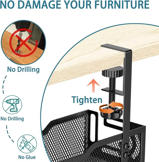 Under Desk Cable Management Tray, No Drill Mesh Desk Cable Tray, Wire Management Tray Cable Management Rack, Wire Organizer and Cable Management Box (Black)