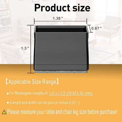 3/4" x 1 1/2" Rectangle Chair Leg Protectors for Hardwood Floors, Silicone Covers to Protect Wood Tile Floors Felt Pads Furniture Leg Caps Reduce Noise. Easy to Move. 16PCS Black. (24 Count)