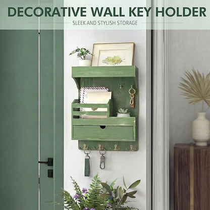 Rebee Vision Pine Wood Key Holder Wall Mount with Small Drawer Organizer - Farmhouse Key Holder for Wall with 6 Sturdy Hooks & Floating Shelf - Perfect for Room Decor (Green)