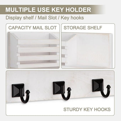 Key Holder Wall Mount, Mail Organizer for Wall with 5 Square Rustic Key Hooks Key Shelf Farmhouse Home Decor for Entryway