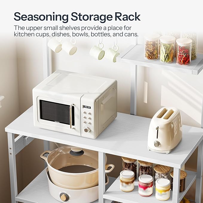 HOOBRO Large Bakers Rack with Power Outlets, 6-Tier Microwave Stand with 4 Hooks, Coffee Bar, Kitchen Shelf with Wire Basket, for Kitchen, Living Room, Office, White WW64UHB01