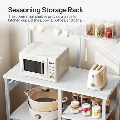 HOOBRO Large Bakers Rack with Power Outlets, 6-Tier Microwave Stand with 4 Hooks, Coffee Bar, Kitchen Shelf with Wire Basket, for Kitchen, Living Room, Office, White WW64UHB01