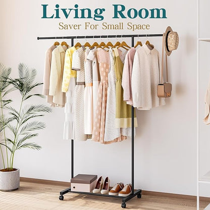 SUOERNUO Clothes Rack with Wheels Rolling Clothing Rack for Hanging Clothes, Portable Metal Garment Rack for Bedroom Laundry Living Room (Black, 59.05"*15.75"*59.45")
