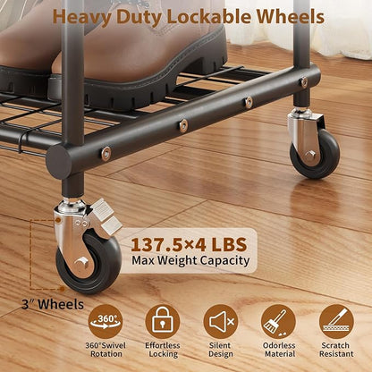 Double Rods Clothes Rack with Wheels, Heavy Duty Rolling Clothing Rack with Shelves and Side Hooks for Hanging Clothes Max Load 550 lbs, Black Metal Adjustable Portable Garment Rack