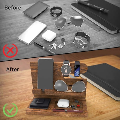 Gifts for Men Wood Phone Docking Station Birthday Gift for Men Valentines Day Gifts Father Gift for Him Boyfriend Nightstand Organizer Desktop Phone Stand