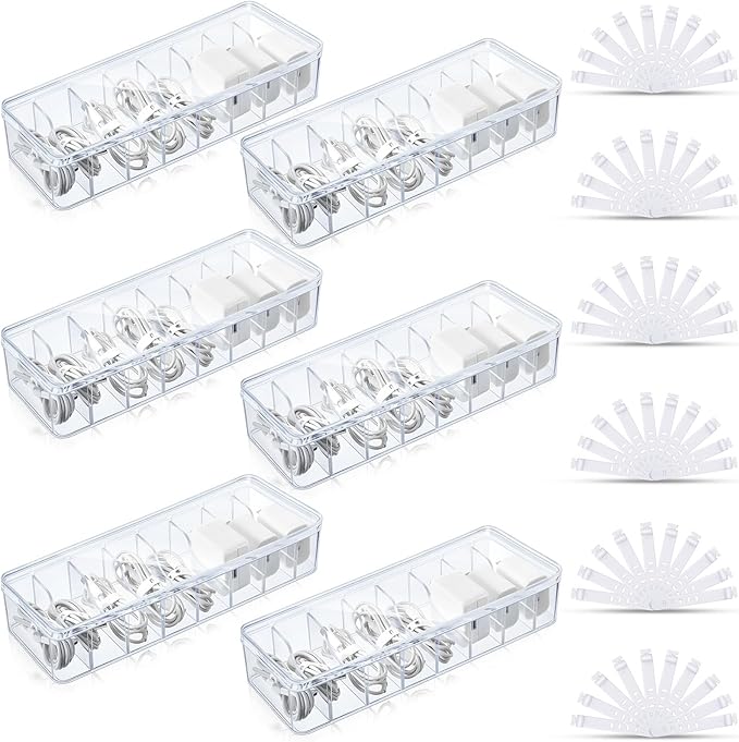 Tatuo 6 Pcs Cable Organizer Box with Wire Ties, Plastic Cord Storage Box with Lid, Electronics Organizer for Home Office Desk Organizers and Accessories (Clear)