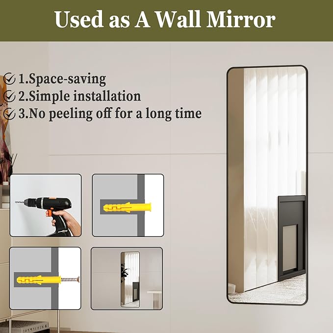 BEAUTYPEAK 14"x48" Full Length Over The Door Mirror, Aluminum Alloy Frame Full Body Mirror with Height-Adjustable Hangers, Hanging Mirrors for Bedroom, Living Room, Bathroom, Black