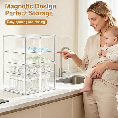 ERTIUANIO Baby Bottle Organizer – 4 Tier Bottle Storage Organizer Baby with Double Magnetic Doors for Nipples, Pump Parts, Food Jars – Clear Nursery Cabinet for Countertop Kitchen