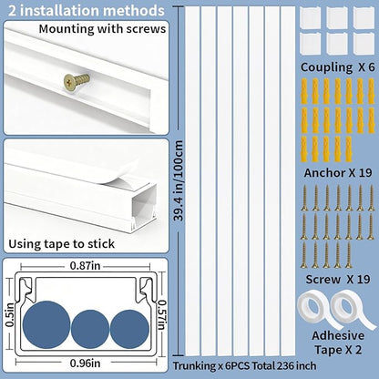 236in Cord Hider Kit, Cord Covers for Wires on Wall, Long, Large, Cord Hider for Wall Mount tv, Paintable Cable Raceway, tv Cable Hider Wall kit, Wire Covers for Cords,6X(L39.4in W0.95in H0.5in) White