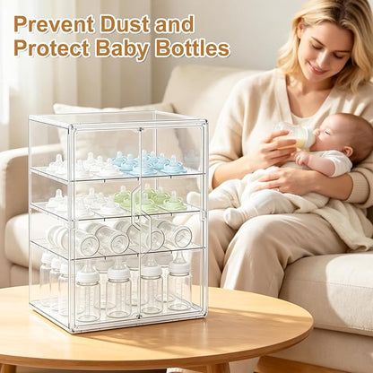 ERTIUANIO Baby Bottle Organizer – 4 Tier Bottle Storage Organizer Baby with Double Magnetic Doors for Nipples, Pump Parts, Food Jars – Clear Nursery Cabinet for Countertop Kitchen