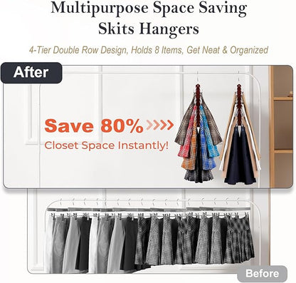 HOUSE DAY Skirt Hangers Space Saving 1 Pack, Double Row 4-Tier Non-Slip Hangers with Clips for Skirts, Shorts, and Pants - Lotus Wood Clip Hanger for Women - Closet Organizers and Storage (Mahogany)