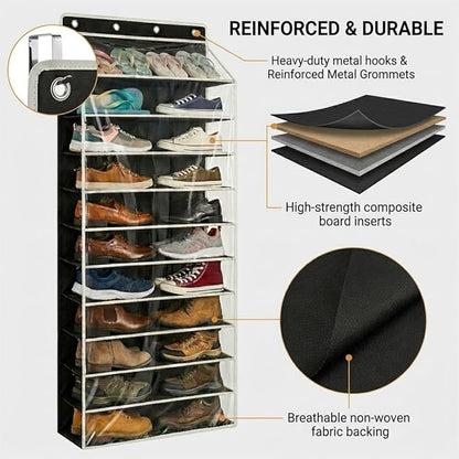 SUREMAX Over The Door Shoe Organizer, 11-Tier Hanging Shoe Rack for Closet Door Fits 22 Pairs, Clear PVC Behind The Door Storage Organizer with Heavy Duty Hooks & Loop Fastener, Black