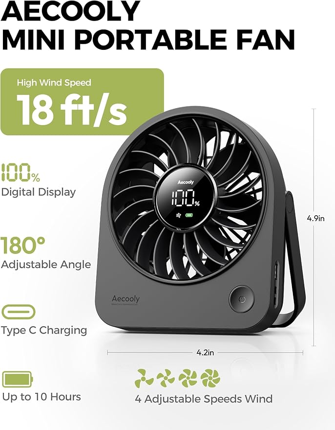 Aecooly Mini Portable USB Desk Fan, Small Enough to Hold Mighty Desktop Fan, USB & Battery Powered Quiet Table Fans, 4 Speeds Rechargeable Personal Fans for Home, Office, Travel, Gifts -Black