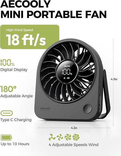 Aecooly Mini Portable USB Desk Fan, Small Enough to Hold Mighty Desktop Fan, USB & Battery Powered Quiet Table Fans, 4 Speeds Rechargeable Personal Fans for Home, Office, Travel, Gifts -Black