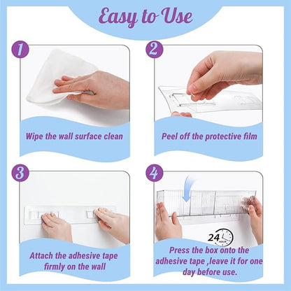 4 Pack Wall Mount Makeup Organizer, 14" Plastic Bathroom Storage Organizer with 3 Compartments, Clear Adhesive Shower Floating Shelf Cabinet Door Organizer for Wall Narrow Space Office