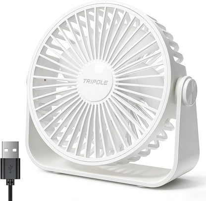 TriPole USB Desk Fan Portable Mini Fan Powerful 3 Speeds Wind Personal Desktop Fan with 360° Head Rotation for Home Office Car Indoor Outdoor White, No Battery, 4.5 Inches