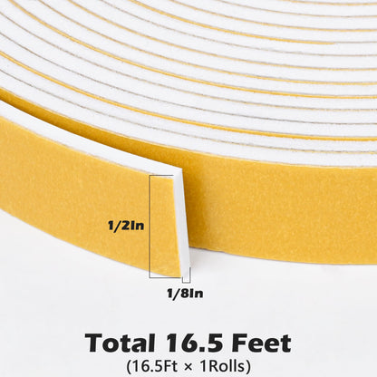 White Door Window Weather Stripping Self Adhesive Foam Tape High Density Foam Sealing Strip Window Insulation Weatherproof Gasket Tape for Doors and Windows (16.5 Foot)