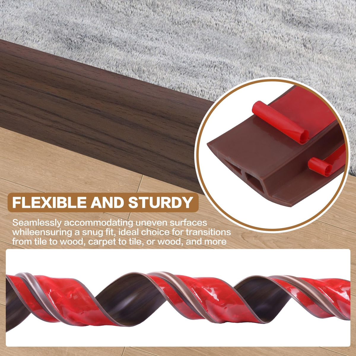 Floor Transition Strip Vinyl Door Threshold Ramp Self Adhesive Carpet Edging Strip Doorway Edge Trim (6.6 Foot)