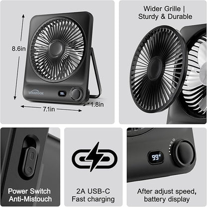 WHATOOK Large Travel Desk Fan: 10000mAh Battery 40 Hours Runtime Silent Rechargeable Fans, Quite Personal Portable Fan for Camping Bedroom Office Small Desktop fan (8.3 * 7.1inch Black)