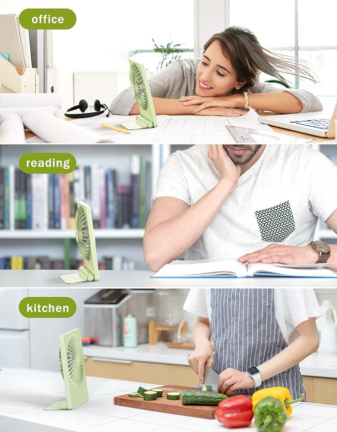Zuvas Desk Fan Battery Operated Fan Rechargeable 180°Tilt Folding Personal Fan Ultra Quiet Small Portable 3 Speed Adjustable Strong Wind Fan For Office Bedroom Home Desktop Camping (Light Green)